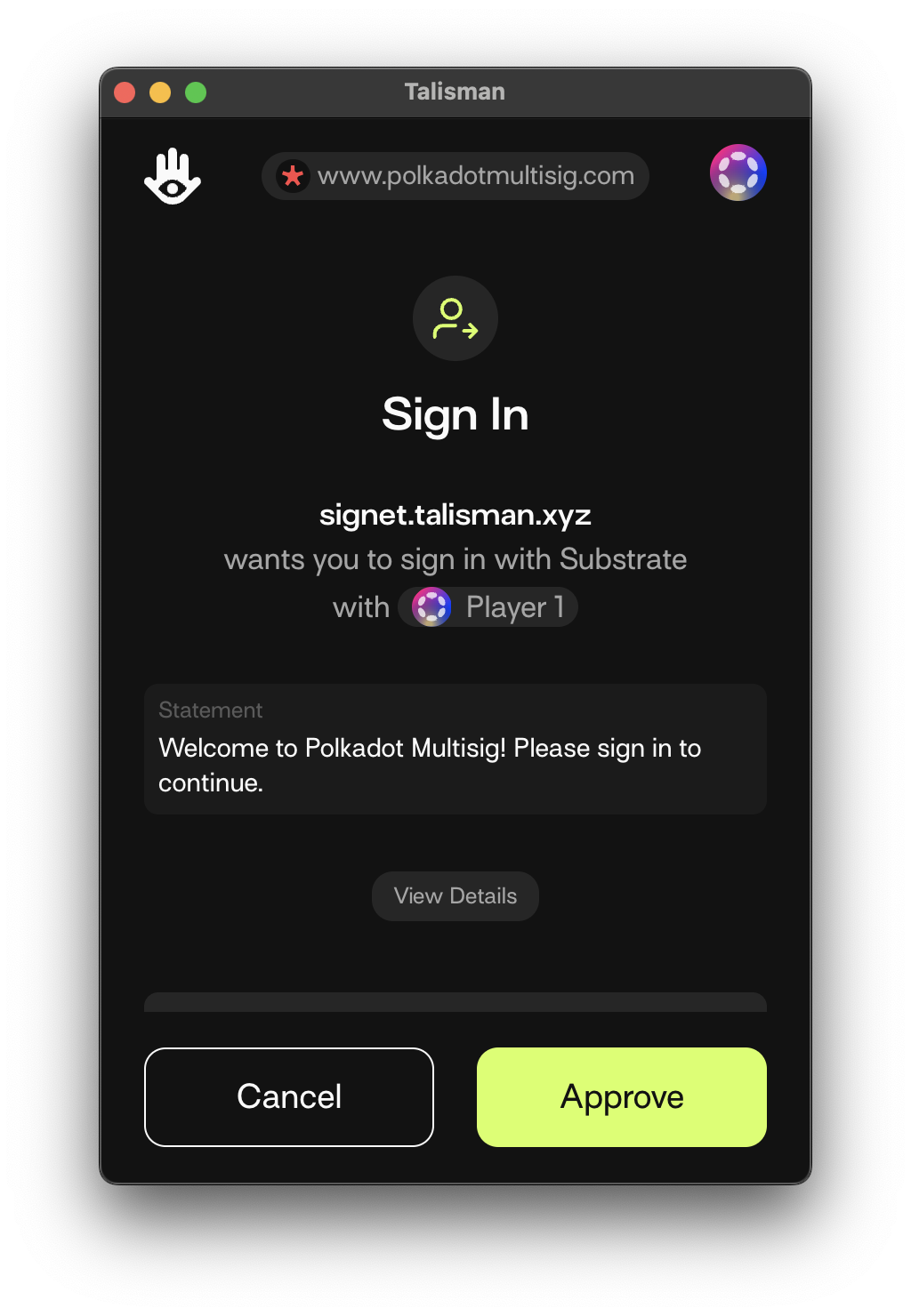 Talisman Wallet, showing the Sign-in with Substrate message for Polkadot Multisig